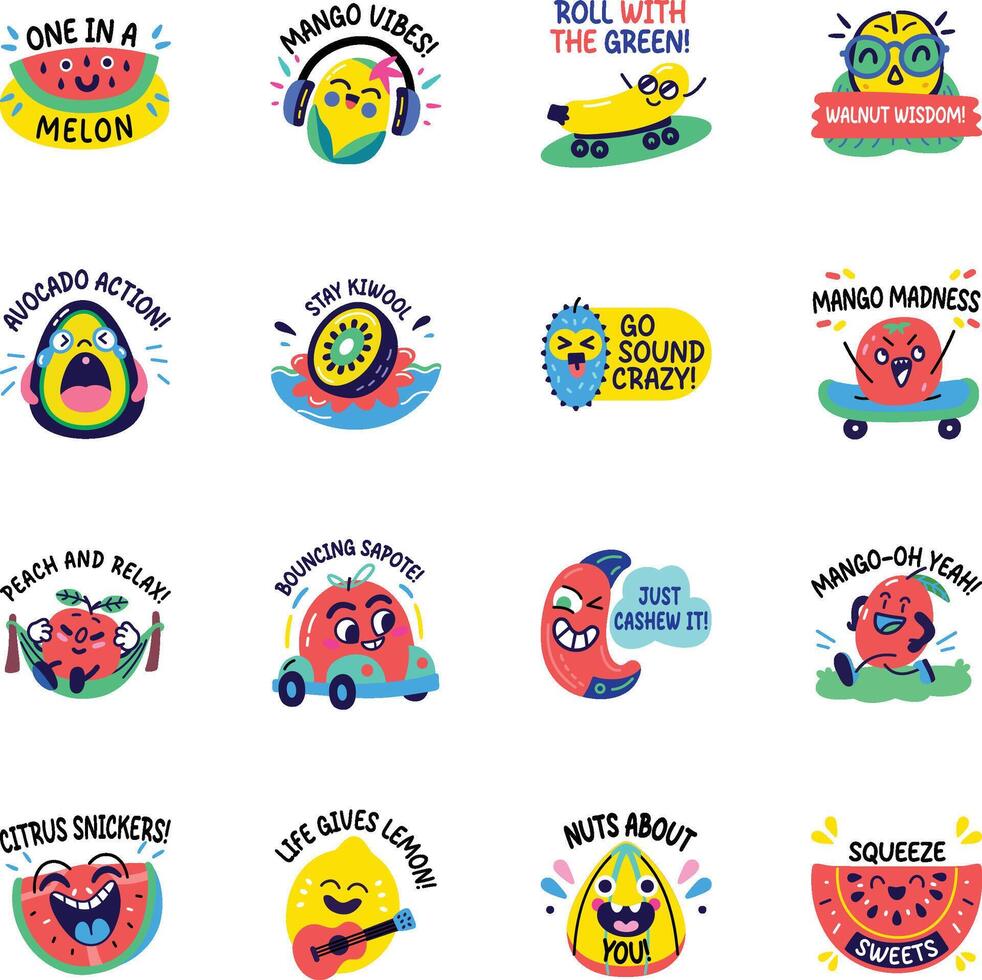 Collection of Flat Style Fruit Stickers vector