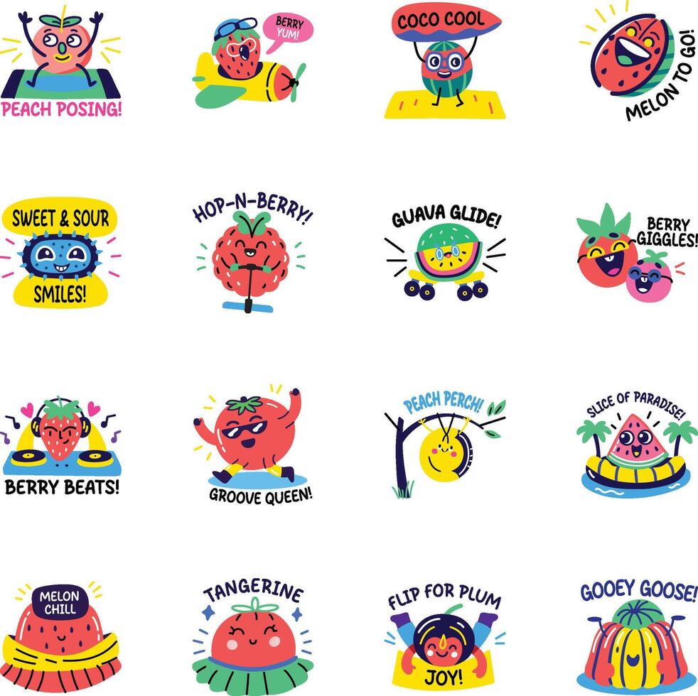 Set of Fruit Characters Cartoon Style Stickers vector