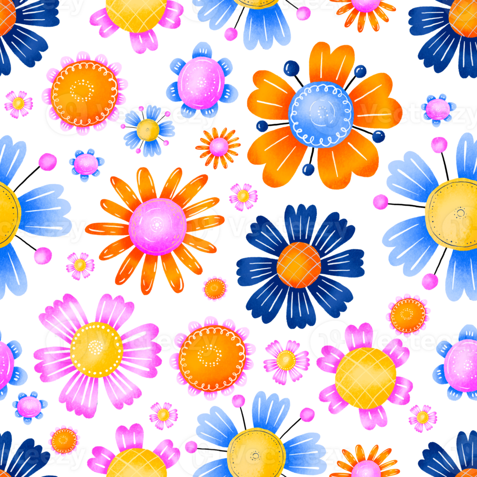 Seamless pattern with decorative flowers. Spring, summer design. Blooming flower heads. Colorful botanical, patel, leaves. Daisy hand drawn cartoon Endless background. Ornament. Perfect for baby room png