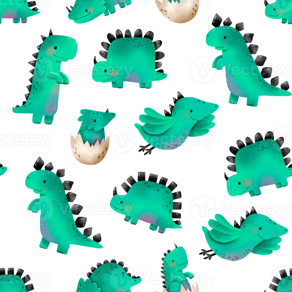 Dinosaur seamless background for baby boys. Green reptile. Cartoon monster jurassic lizard. Hand drawn endless pattern. Newborn design, print, wrap, textile, nersery, baby room png