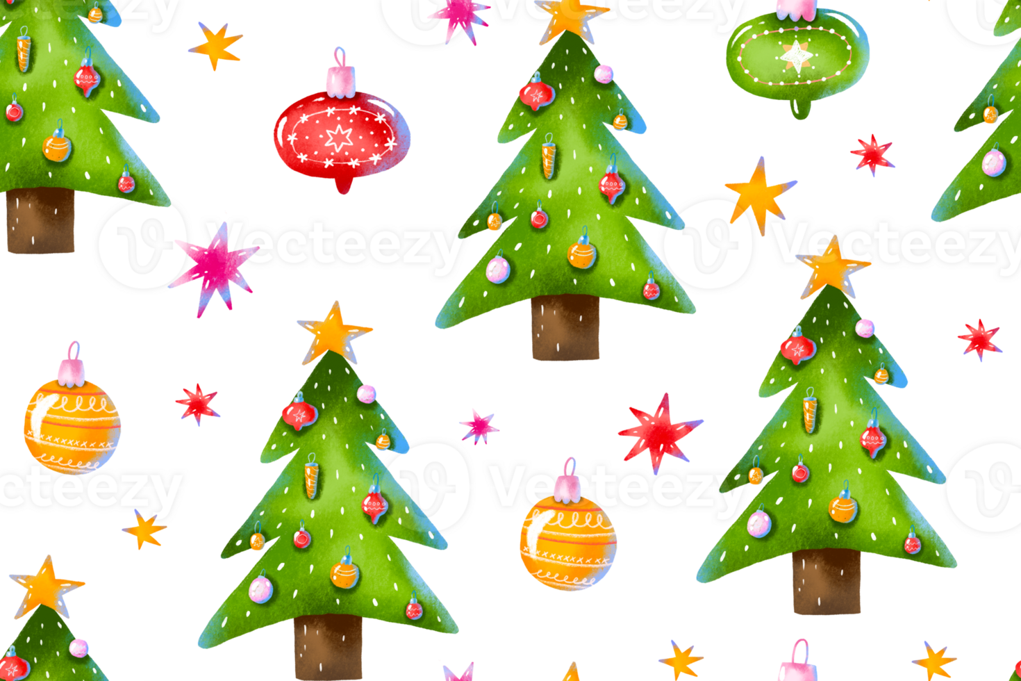 Evegreen spruce fir tree toy balls seamless pattern. Cartoon hand drawn Winter mood holidays. Christmas endless background. Happy holidays design print wrap png