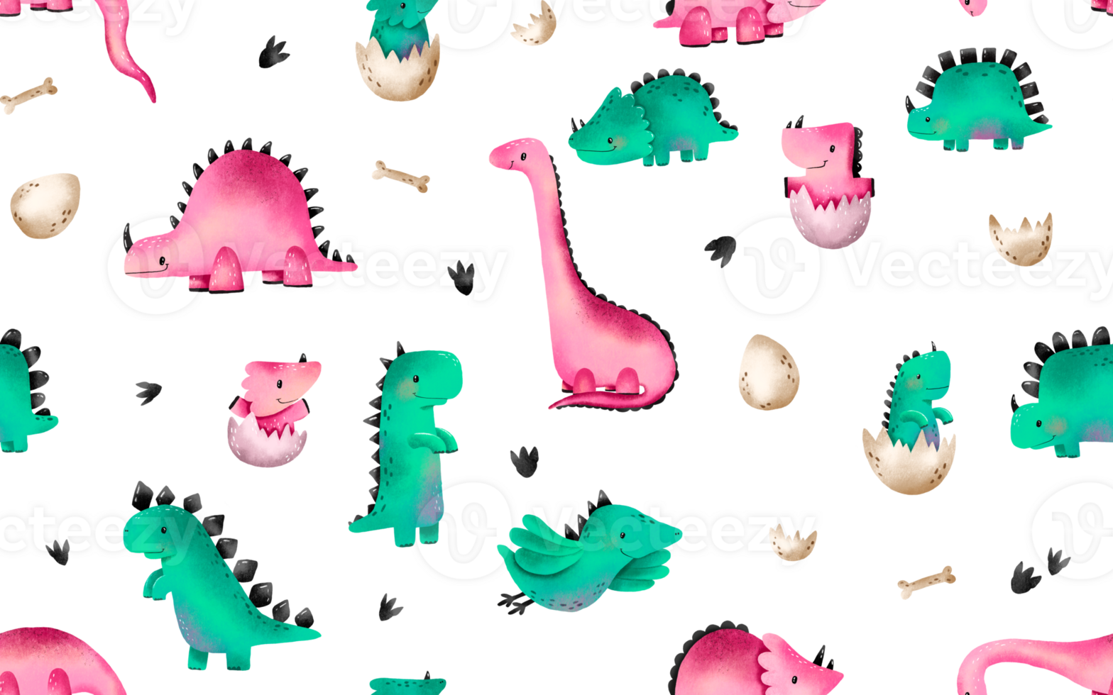 Dinosaur seamless background for boy and girl. Pink and green reptile. Cartoon monster jurassic lizard. Hand drawn endless pattern png