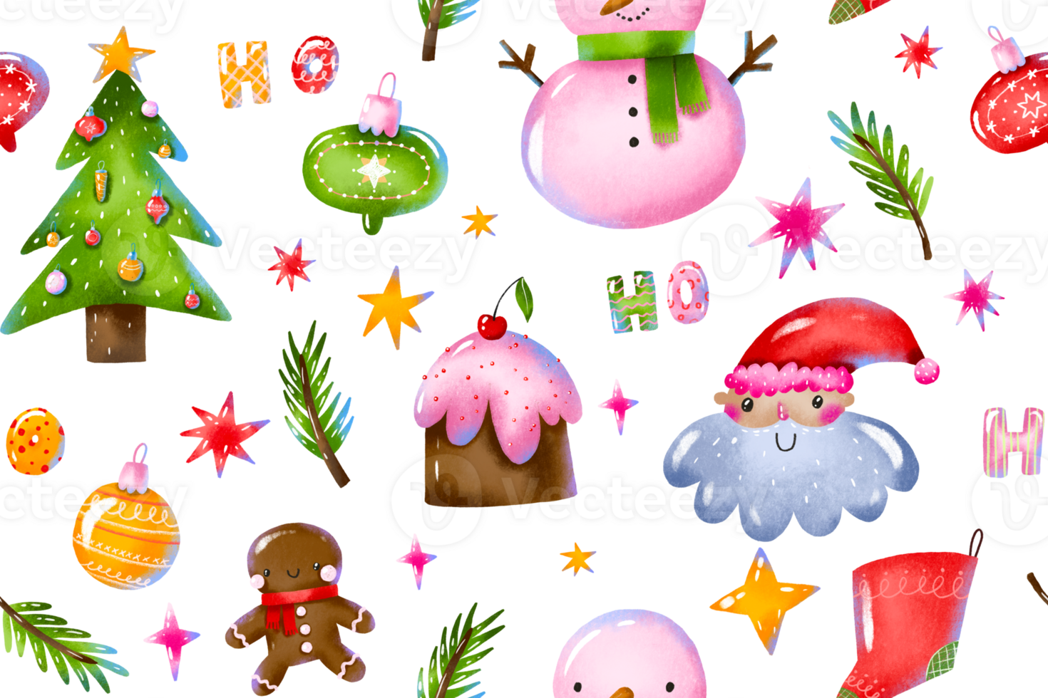 Holly Christmas noel hand drawn cartoon seamless pattern. Magic fairy december celebrate. Merry christmas and happy new year endless background. Winter holidays textile print, wrap, decor png