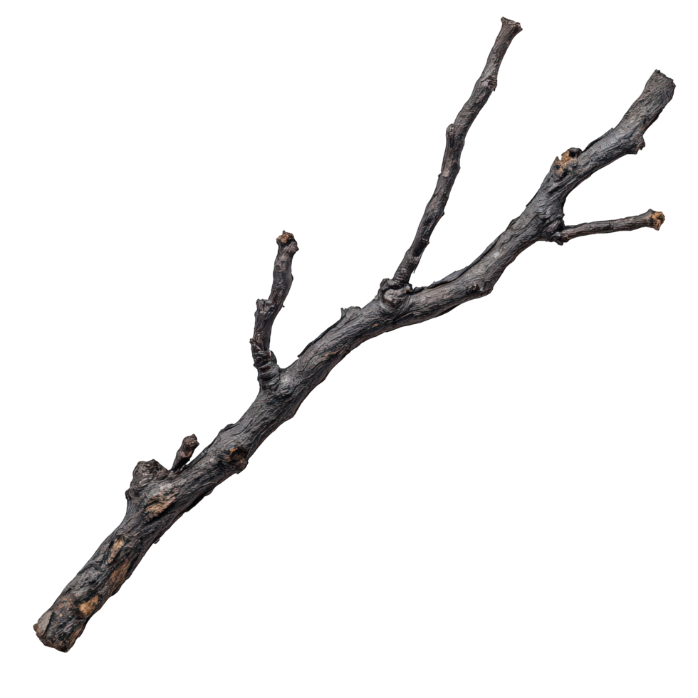 dry branch with ash like residue, evoking burnt or charred appearance, showcases remnants of fire. Its twisted form adds unique texture to natural elements png