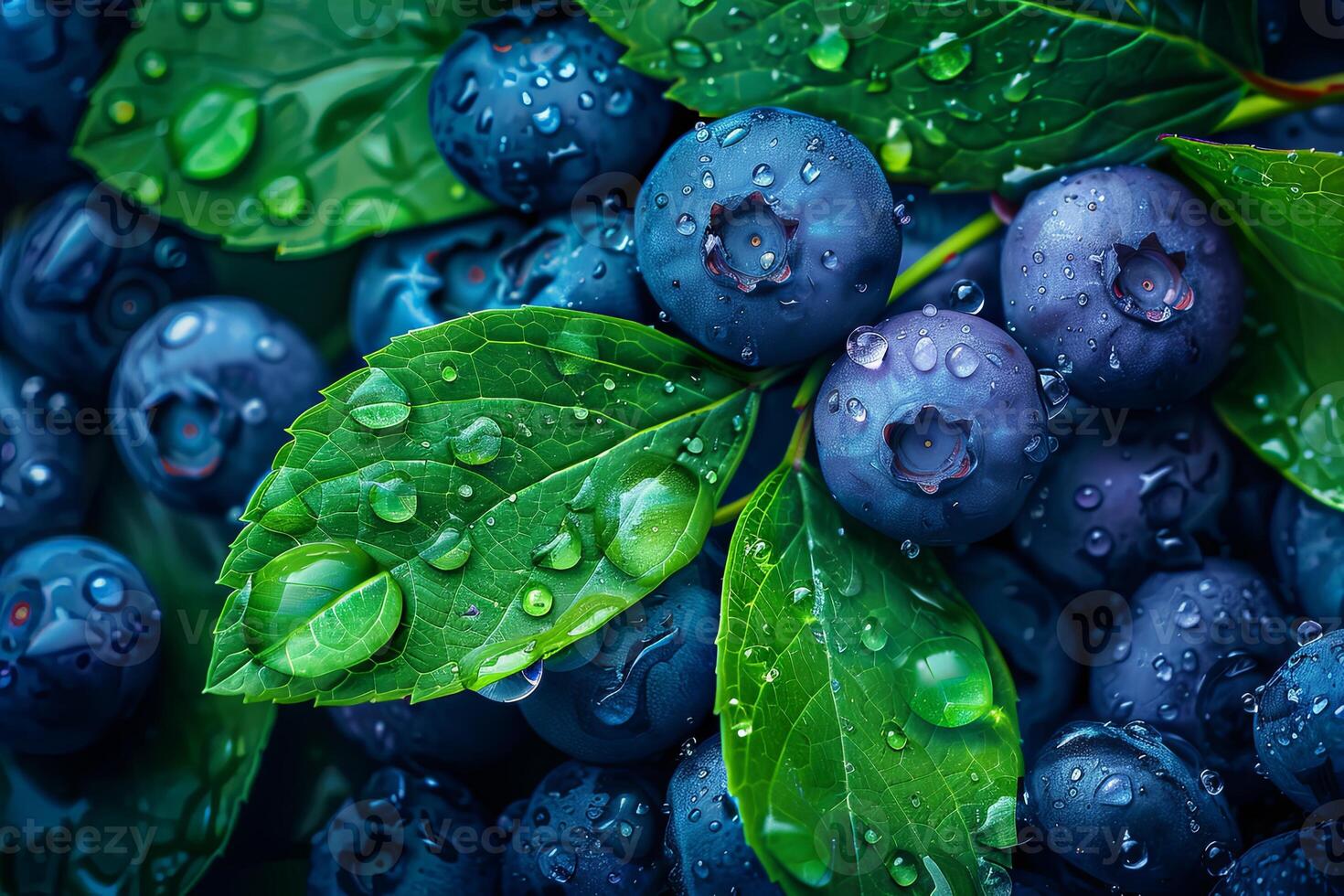 Fresh blueberries with dewdrops close-up photo