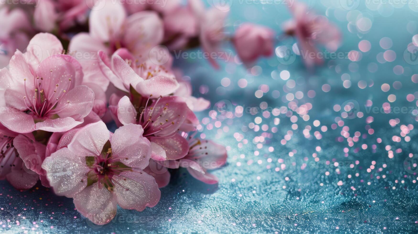 Spring blossoms with soft pink petals against a blue sky photo