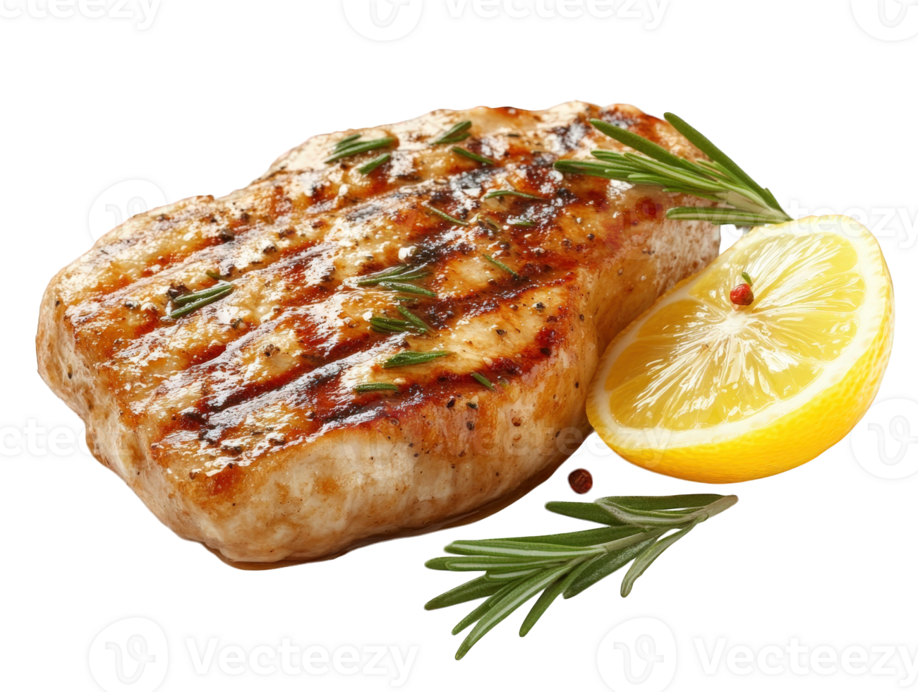 Juicy pork chop with grill marks, garnished with fresh rosemary and lemon. Perfect for delicious meal or barbecue png