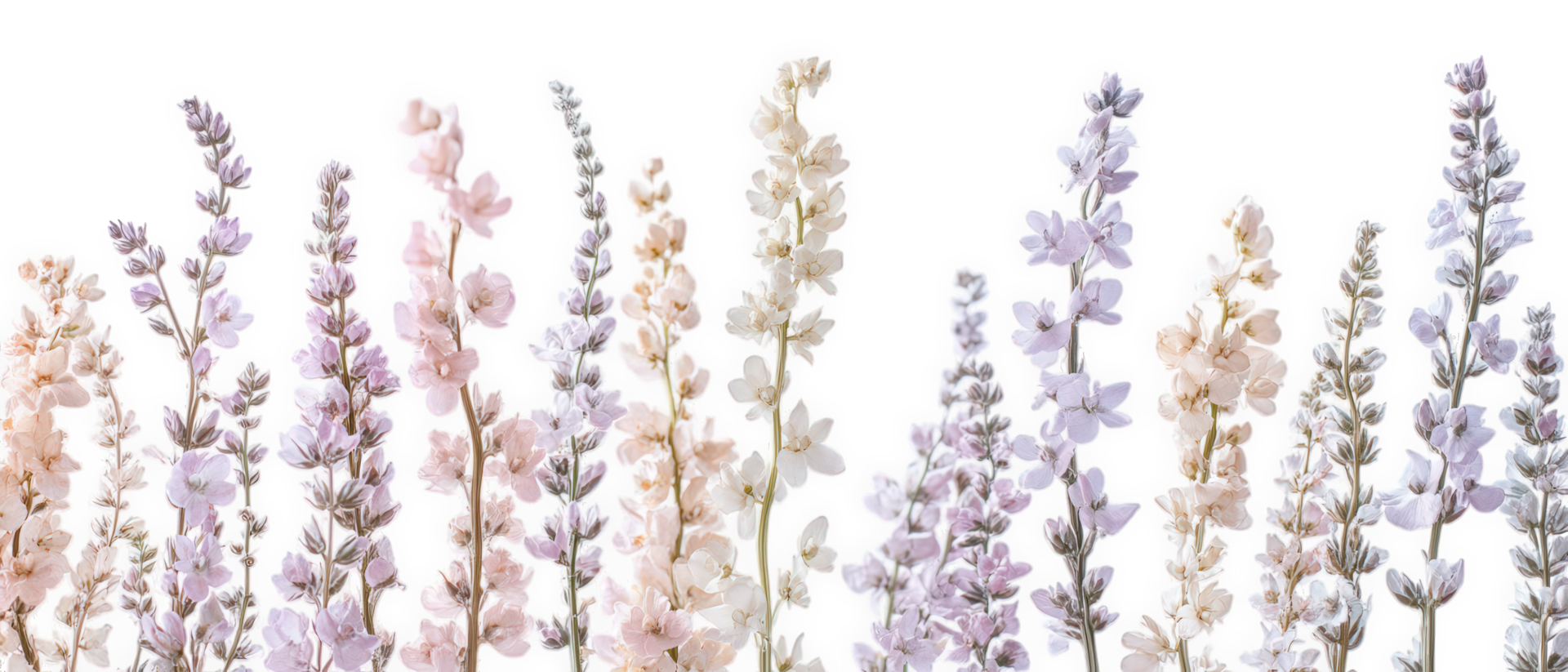 Dried larkspur stems with tall slender profiles in soft pastel colors create delicate floral arrangement. Perfect for adding touch of elegance to any decor png