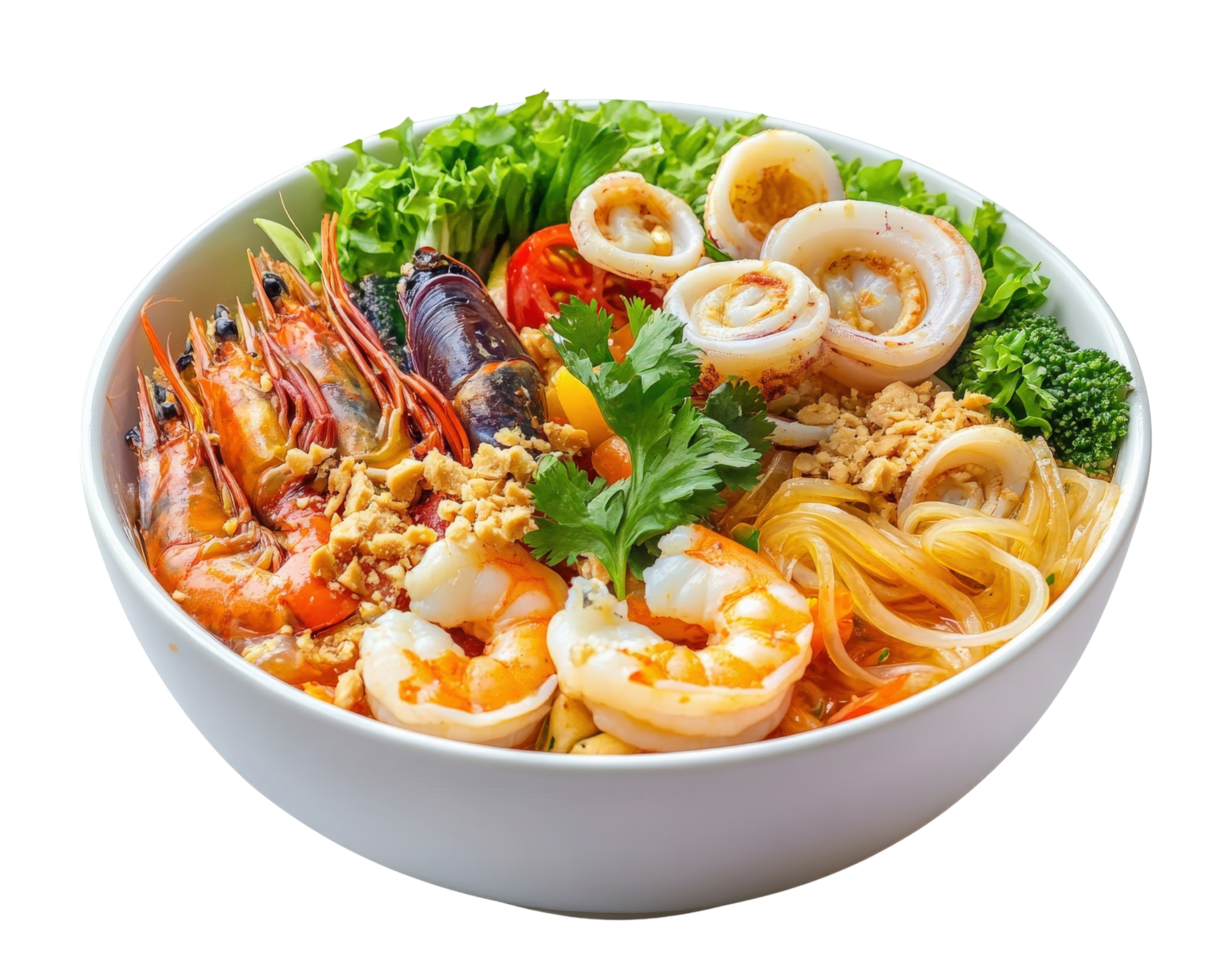 A bowl of noodles with shrimp, vegetables and other ingredients png