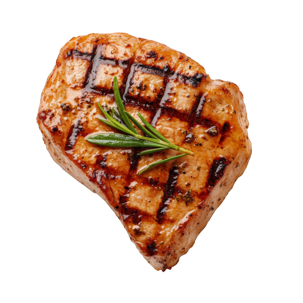 Grilled pork steak cut from shoulder or loin, garnished with fresh herbs, showcasing deliciously charred surface. Perfect for hearty meal png