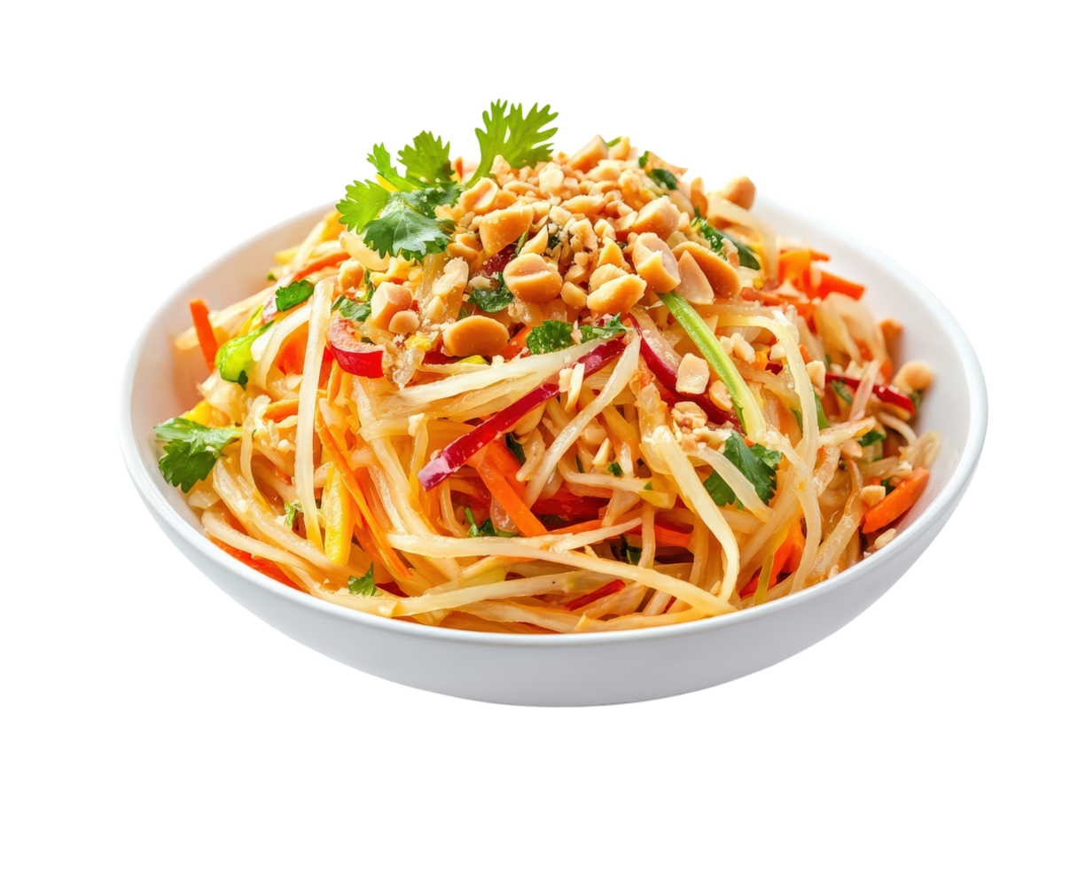 A bowl of noodles with vegetables and peanuts png