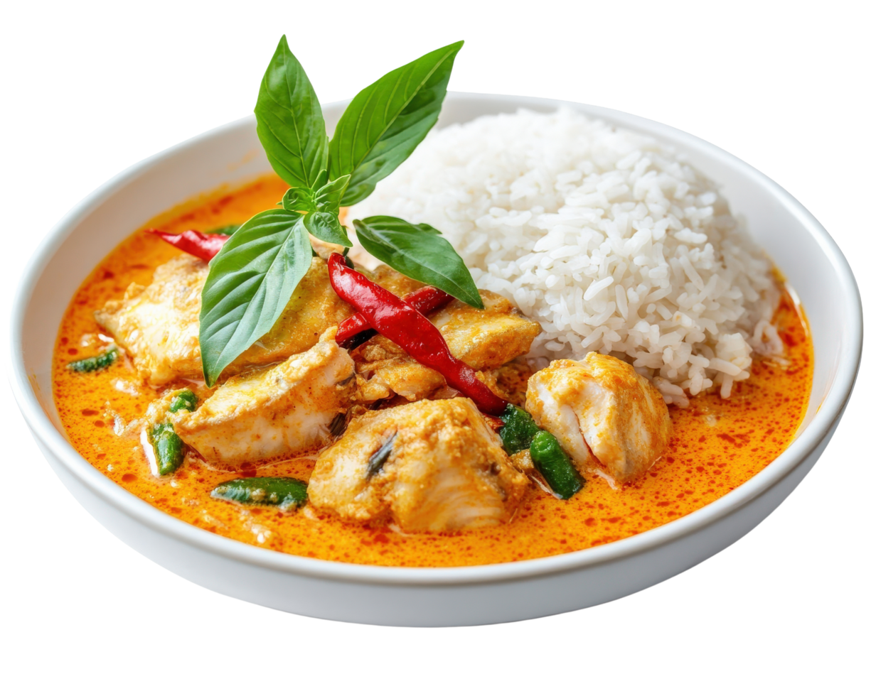 A bowl of curry with rice and basil leaves png