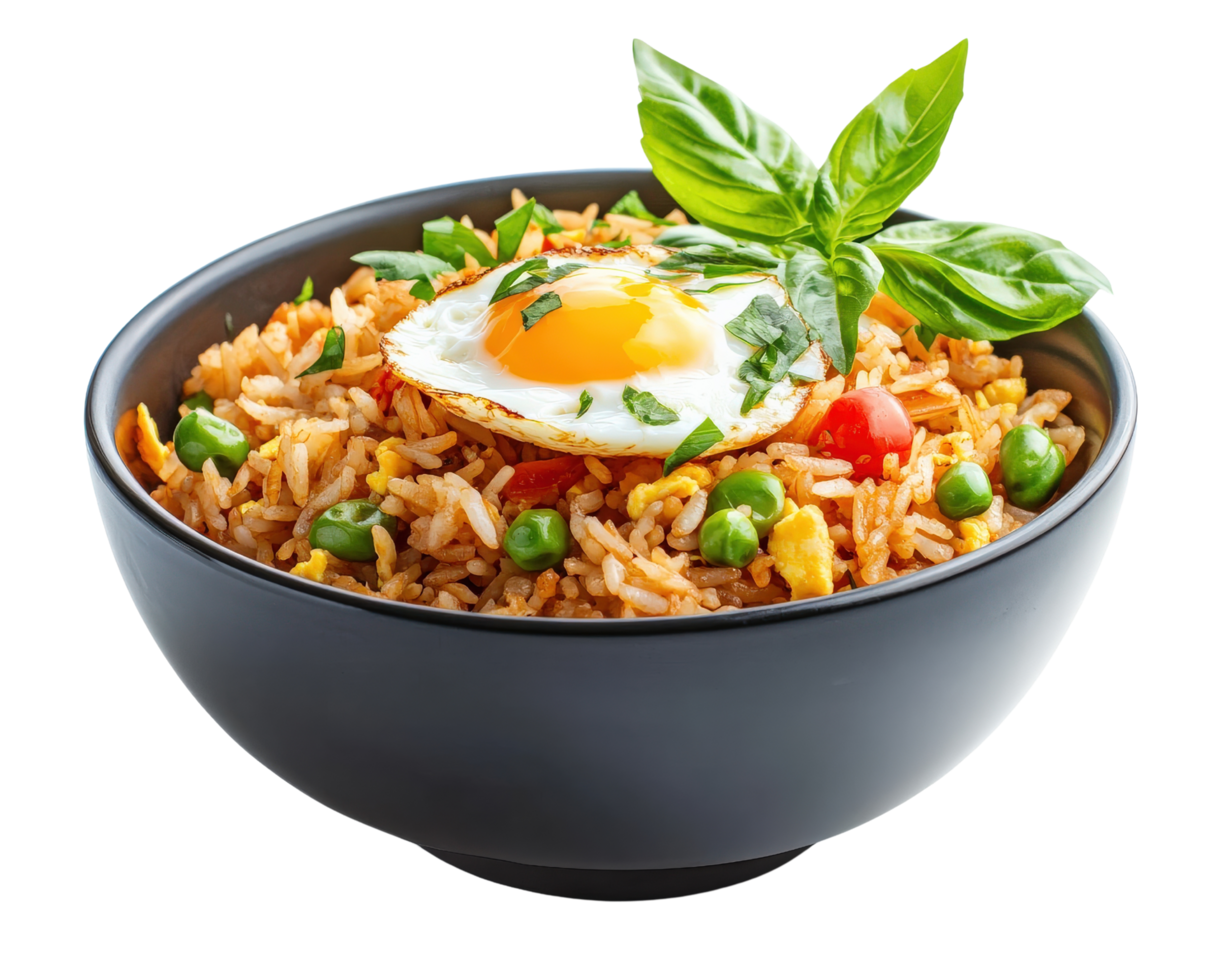 A bowl of fried rice with an egg png