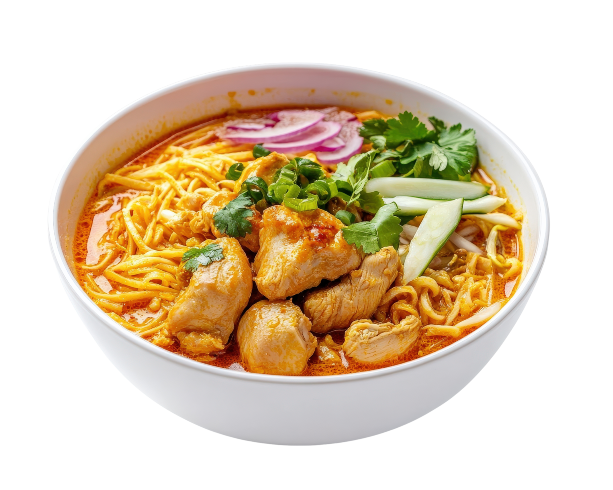 A bowl of noodles with chicken and vegetables png