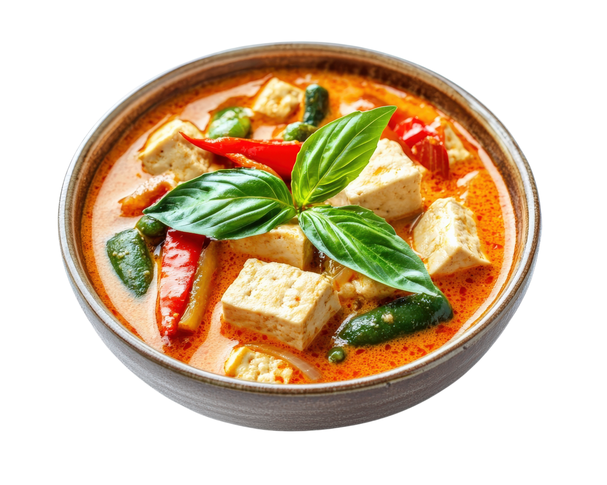 A bowl of curry with tofu and vegetables png