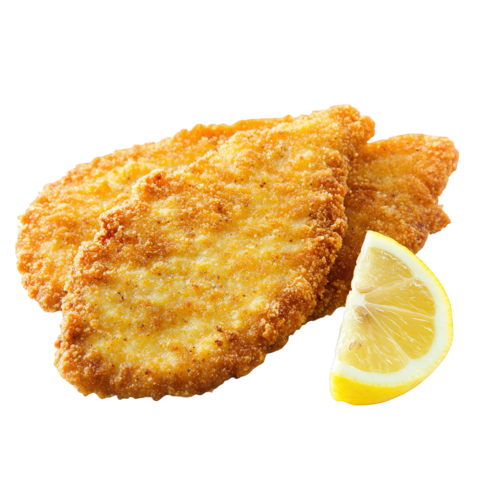 Crispy breaded pork schnitzel served with slice of lemon, perfect for delicious meal. Enjoy golden, crunchy texture and savory flavor png