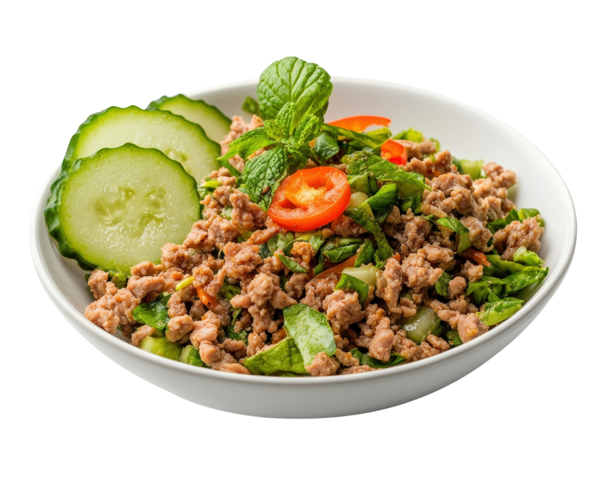 A bowl of meat and vegetables with cucumbers png