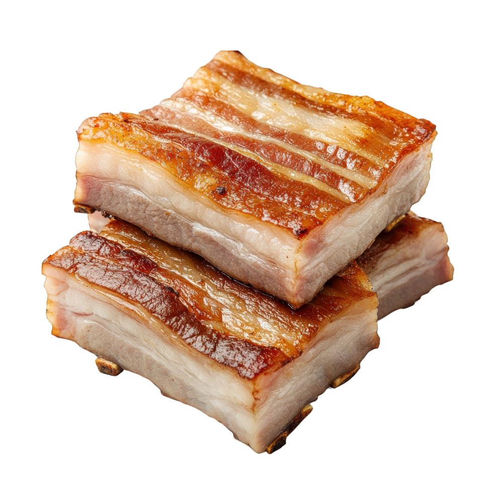 Succulent slices of pork belly with crispy golden skin and tender meat, perfect for delicious meal. Enjoy rich flavors and textures in every bite png