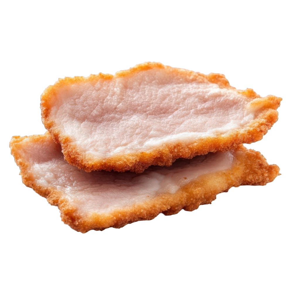 Crispy pork cutlet slices, perfect for breading and frying, showcasing golden brown crust and tender meat. Ideal for delicious meals and snacks png