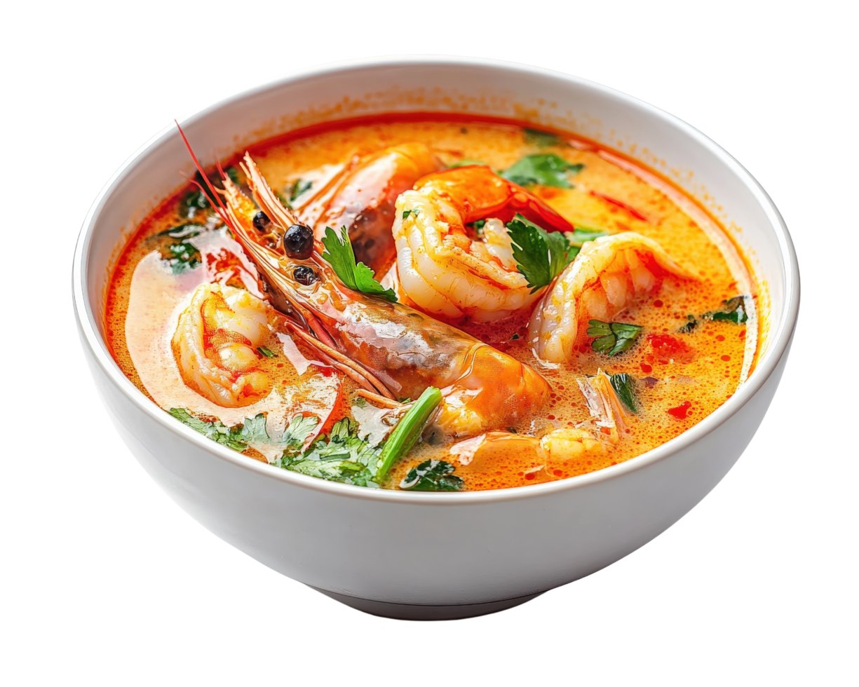 A bowl of soup with shrimp and vegetables png
