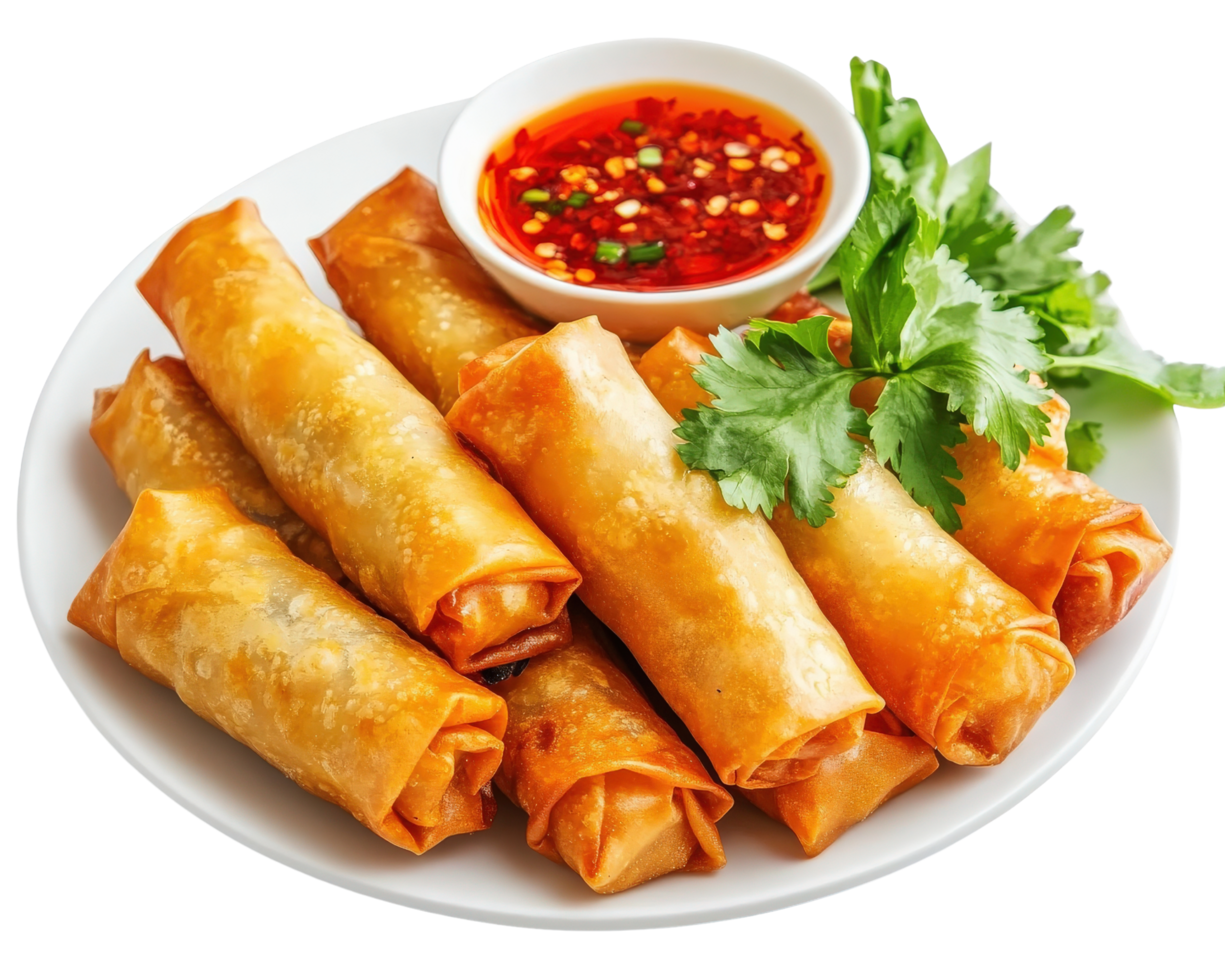 A plate of spring rolls with sauce and garnish png