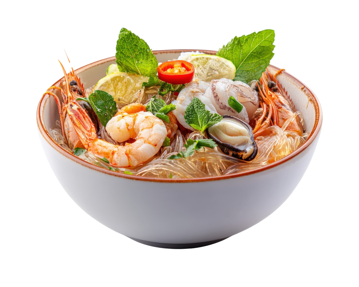 A bowl of noodles with shrimp, vegetables and herbs png