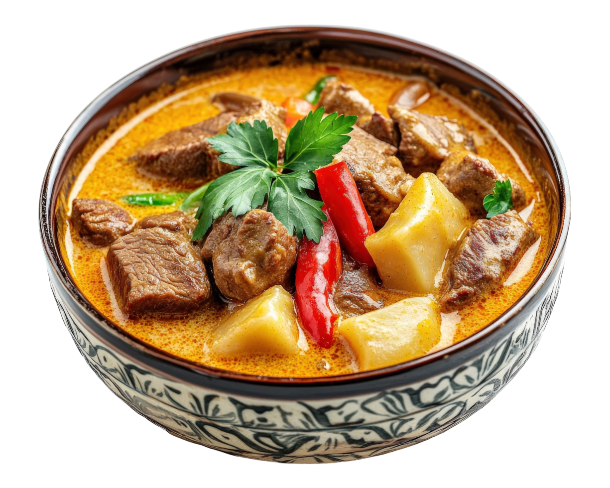 A bowl of curry with meat and vegetables png