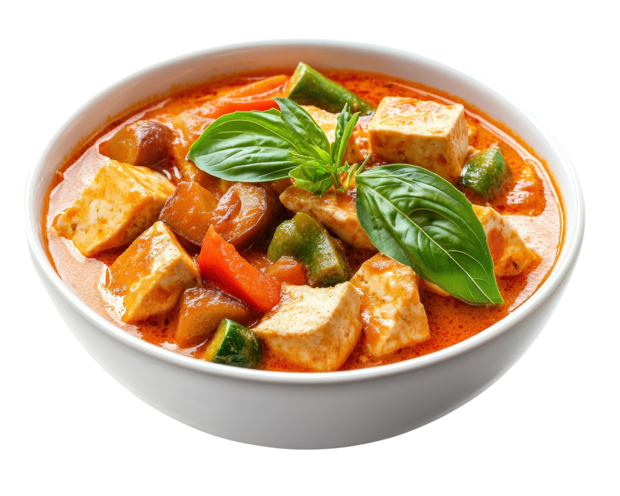A bowl of curry with tofu, peppers and vegetables png
