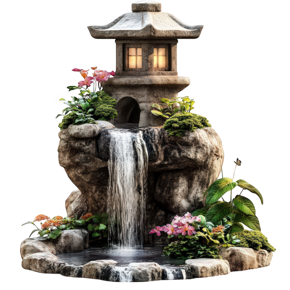 Elegant stone lantern waterfall with flowing water and vibrant flowers, creating serene garden atmosphere. This decorative feature enhances outdoor spaces beautifully png
