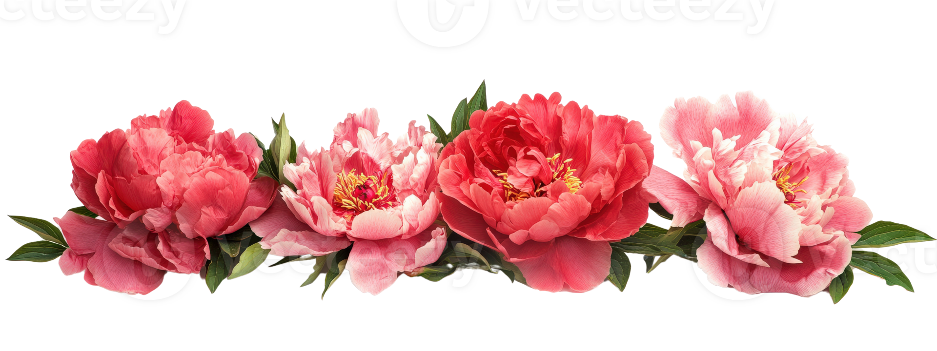 A row of four pink flowers with green leaves png