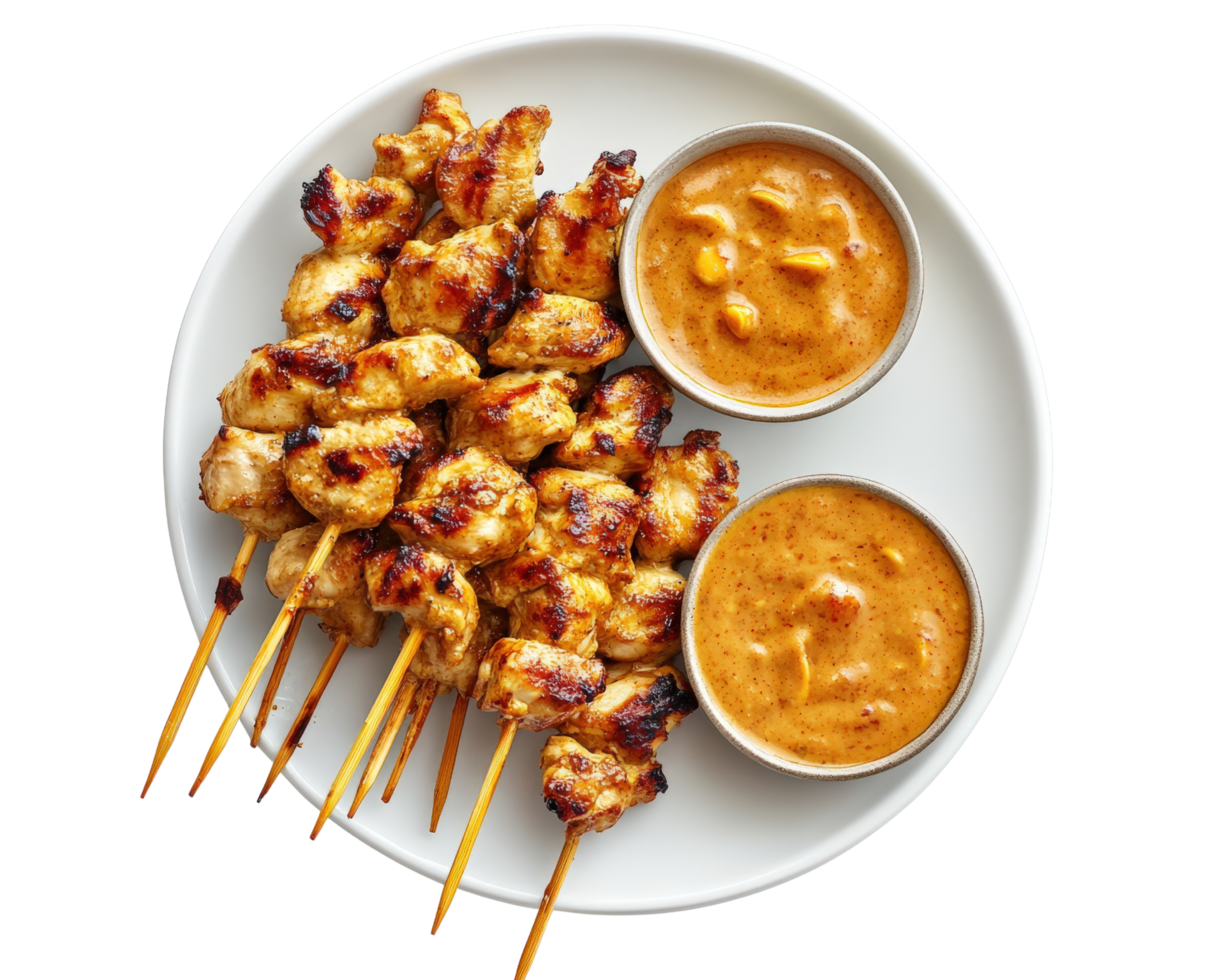Chicken satay skewers with dipping sauce png