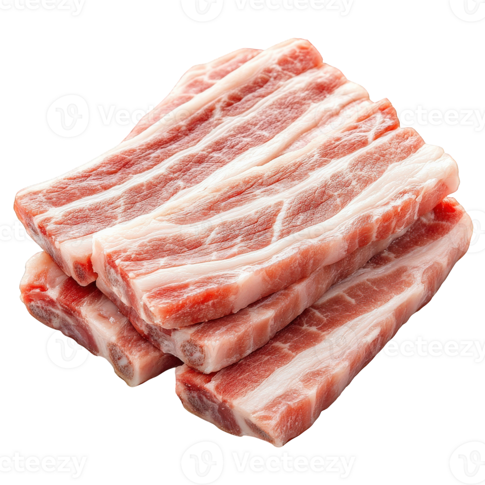 Fresh pork belly slices stacked neatly, showcasing marbled fat and meat, ideal for frying or grilling. Perfect for culinary enthusiasts looking to create delicious dishes png