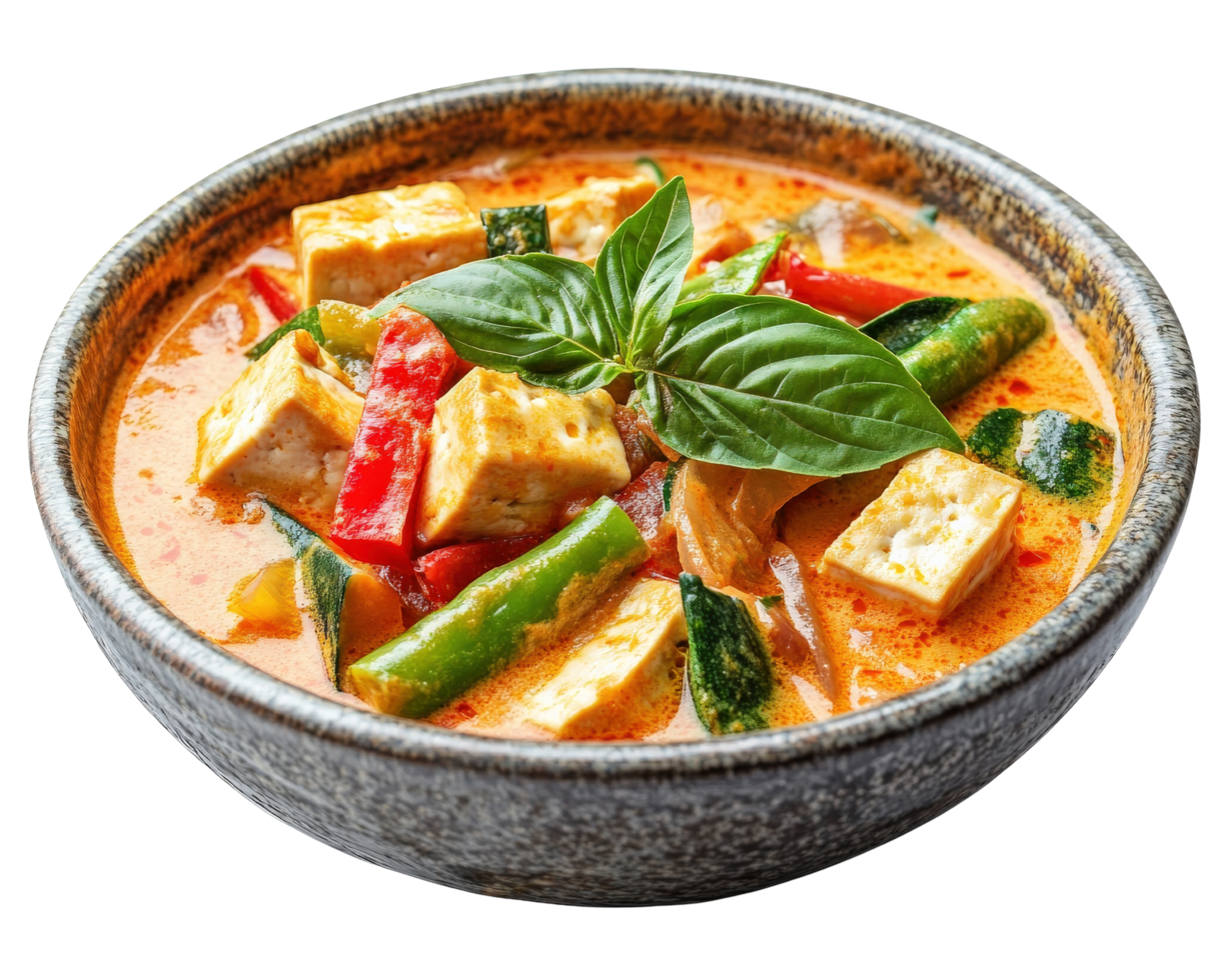 A bowl of curry with tofu and vegetables png