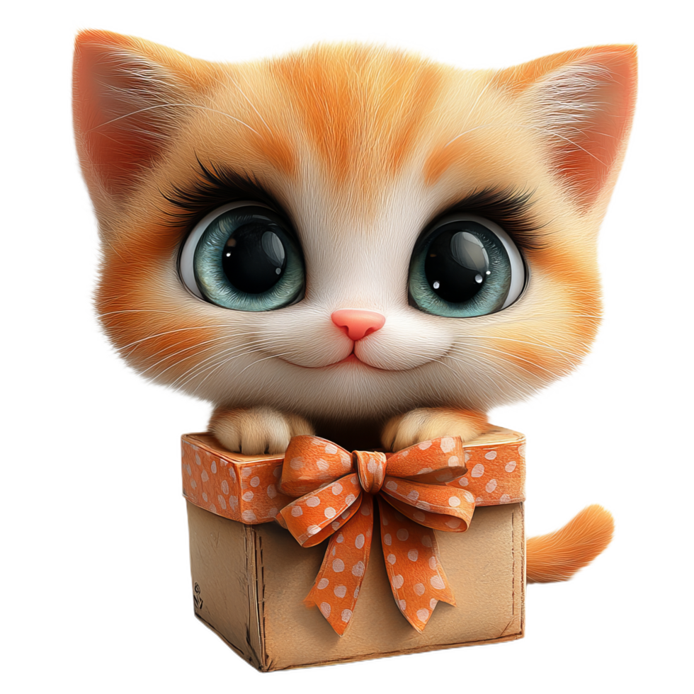 Cute cartoon cat with big eyes in gift box, expressing joy and playfulness. Perfect for children themes and festive occasions png