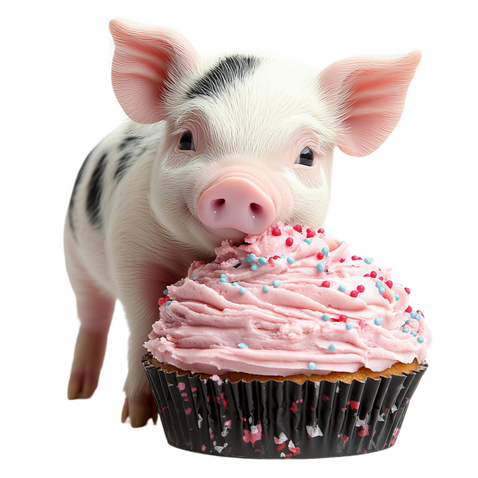 cute cartoon piglet with frosting on its nose enjoys colorful cupcake, radiating joy and playfulness. This delightful scene captures essence of sweetness and fun png