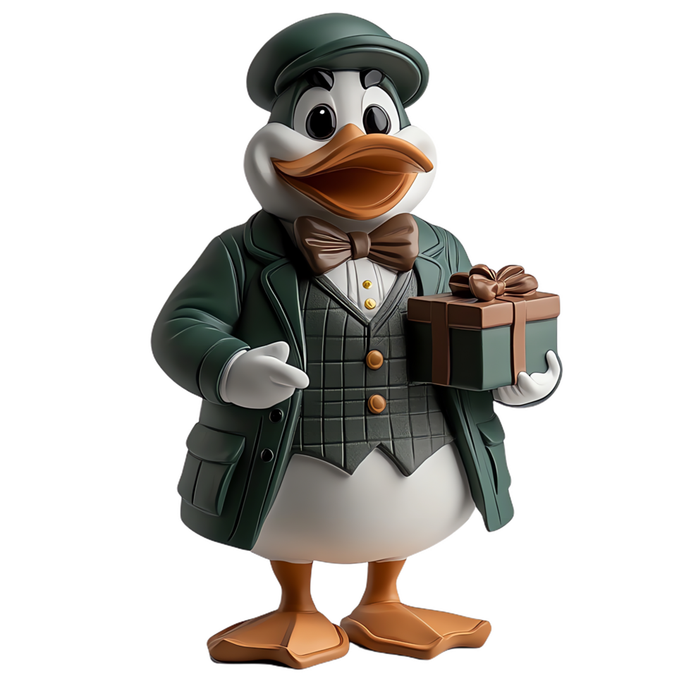 charming 3D cartoon duck in bowtie, wearing stylish outfit and holding gift box, radiates joy and celebration. This delightful character is perfect for festive themes png