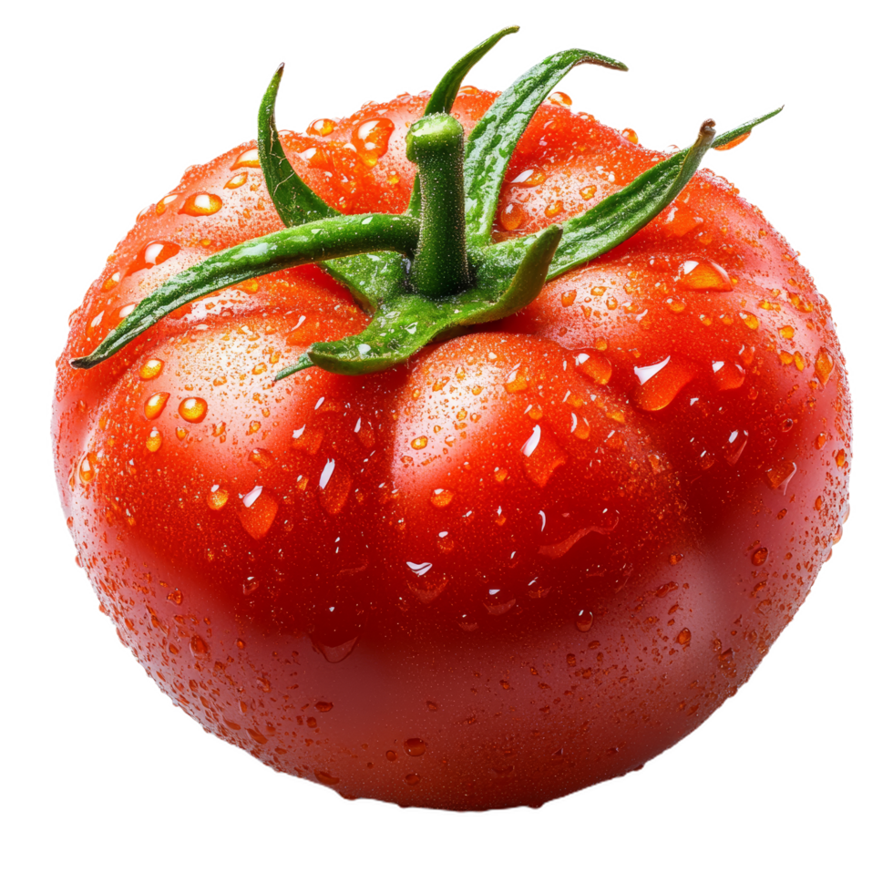 ripe red tomato with water droplets, showcasing freshness and vibrancy. green leaves add touch of nature, making it appealing choice for salads or cooking png