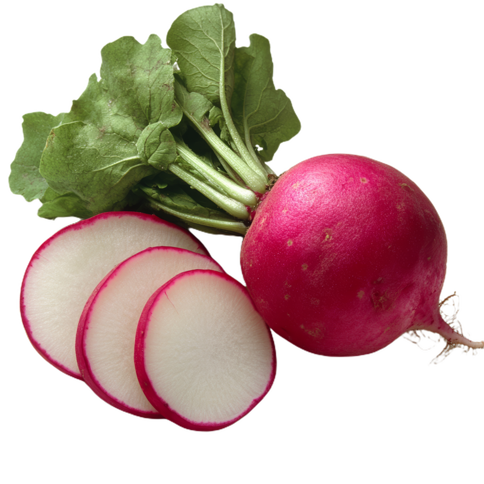 Fresh red radish with crisp white flesh, whole and sliced, showcasing vibrant colors and healthy greens. Perfect for salads and garnishes png
