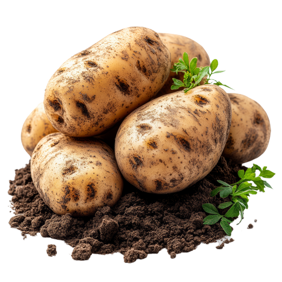 Freshly dug potatoes with light brown skin and earthy texture, surrounded by soil and green herbs, evoke sense of harvest and natural produce png