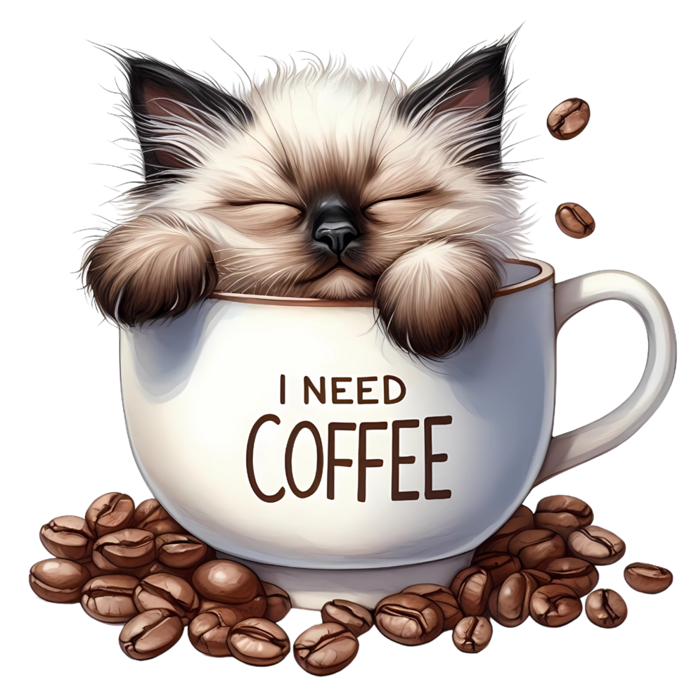 A cat is sleeping in a coffee cup with the words i need coffee png