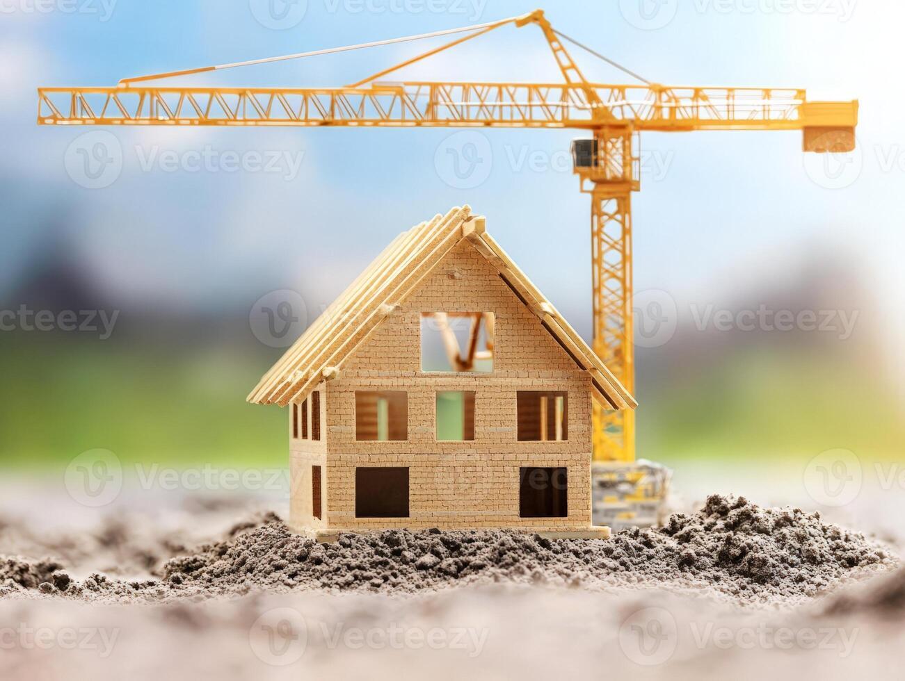 A model house under construction with a crane in the background, symbolizing building progress. photo