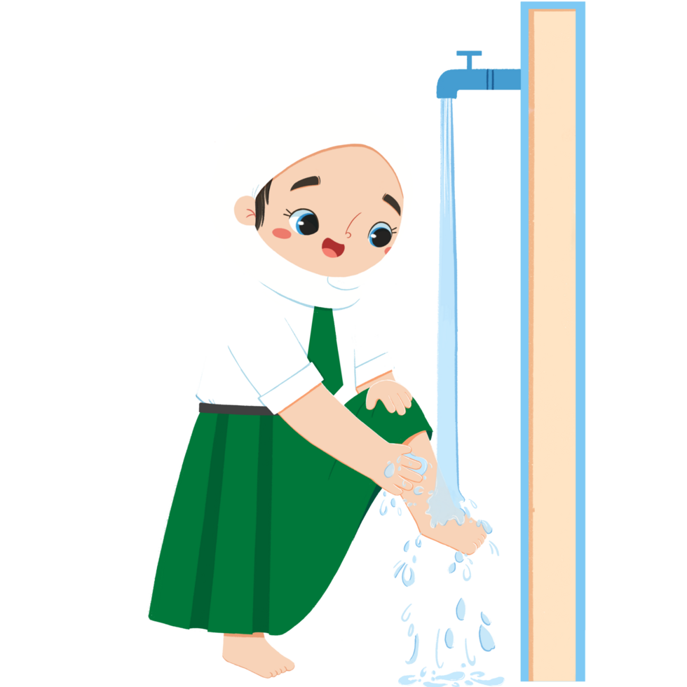 Cute islamic elementary schoolgirl is washing the feet png