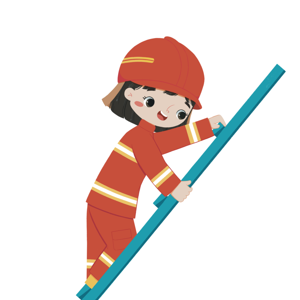 Cute Kid in firefighter costume climbs the ladder png