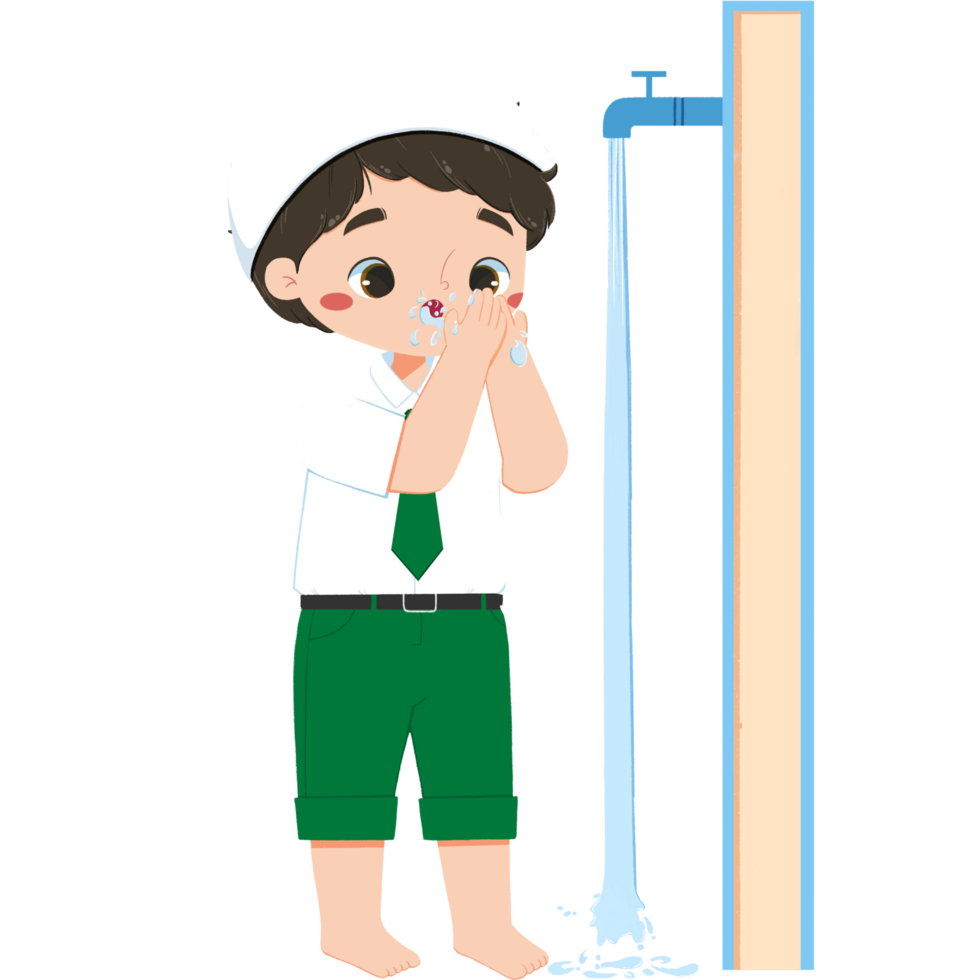 Cute islamic elementary schoolboy is rinsing the Mouth png