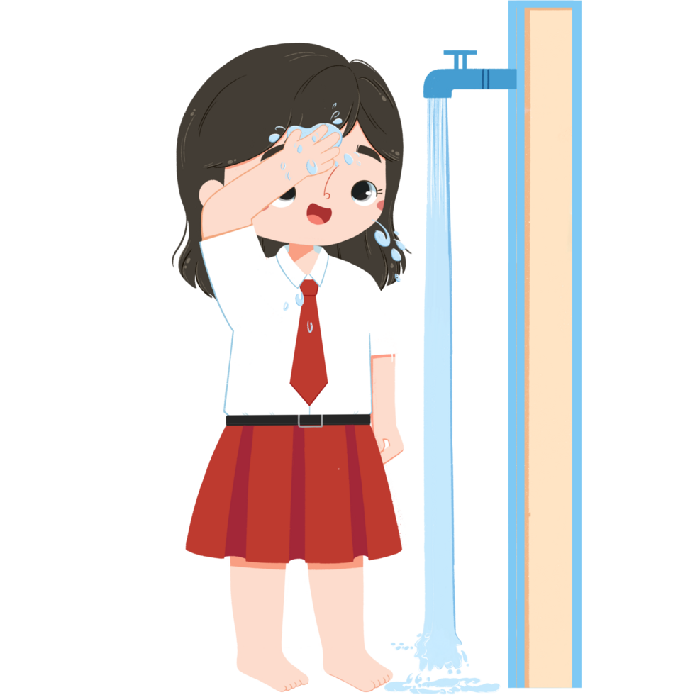 Cute elementary schoolgirl is wiping the head png