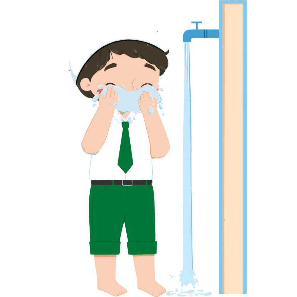 Cute islamic elementary schoolboy is washing face png
