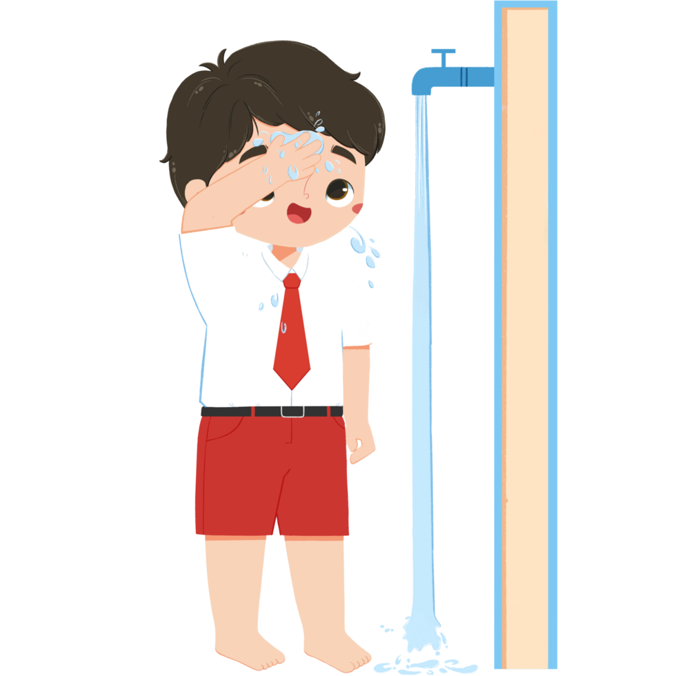 Cute elementary schoolboy is wiping the head png