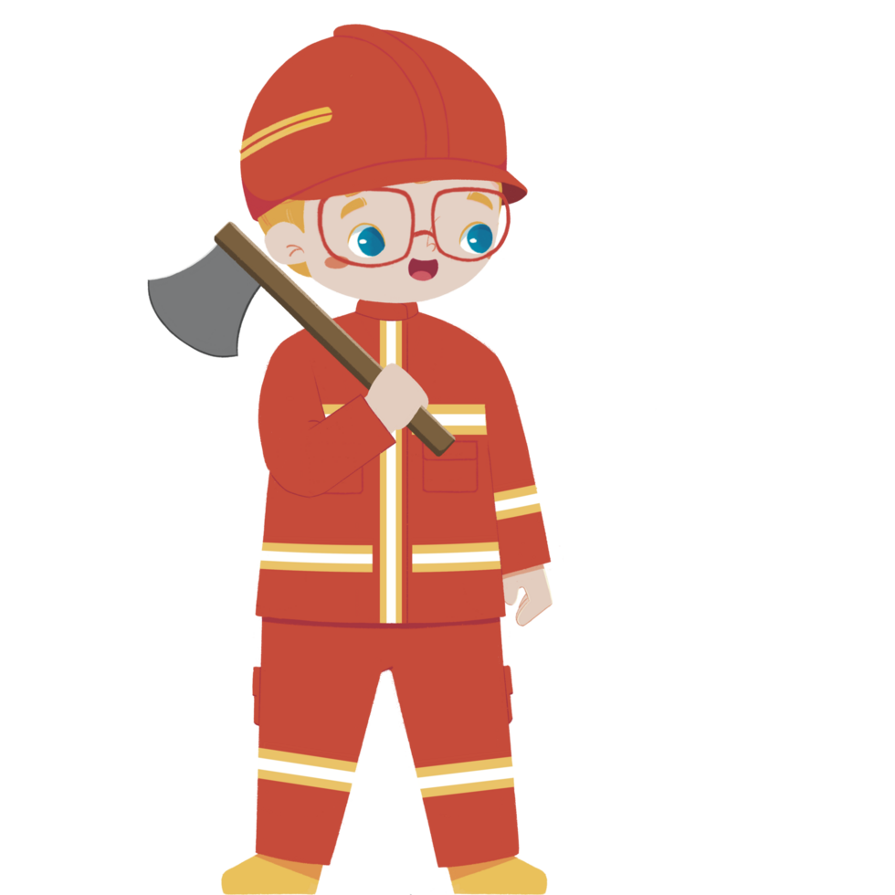 Cute boy in firefighter costume carrying an axe png