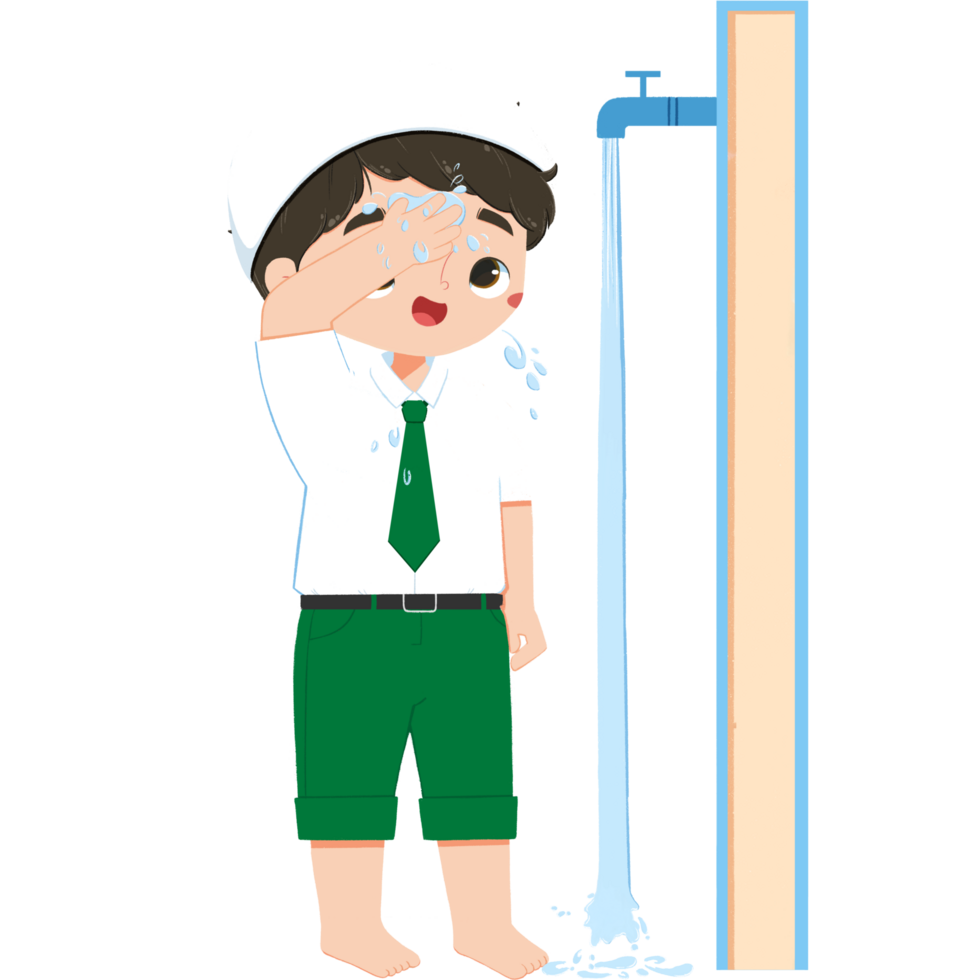 Cute islamic elementary schoolboy is wiping the head png