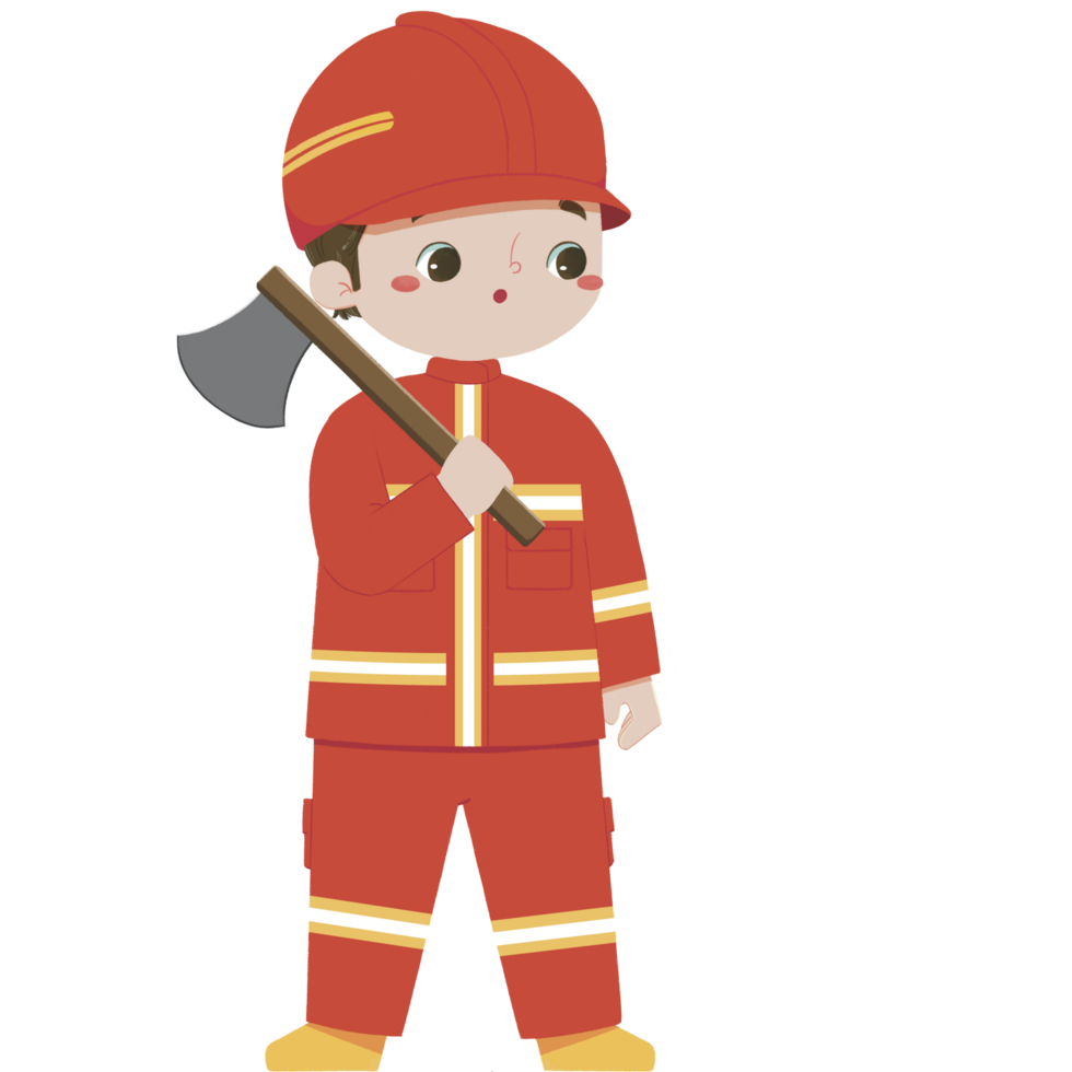 Cute Kid in firefighter costume carrying an axe png